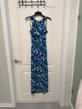 Calvin Klein Blue Abstract-Print Sleeveless Maxi Dress